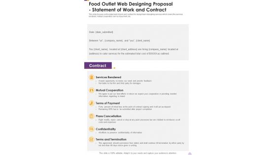 Food Outlet Web Designing Proposal Statement Of Work And Contract One Pager Sample Example Document