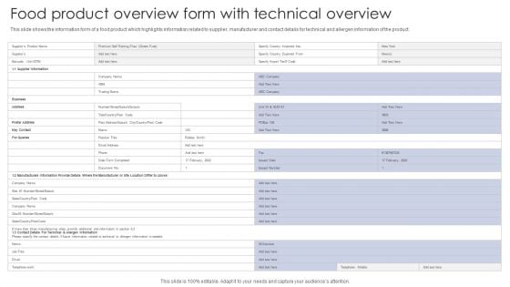 Food Product Overview Form With Technical Overview Demonstration PDF