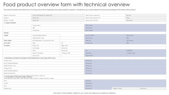 Food Product Overview Form With Technical Overview Demonstration PDF