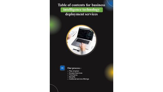 For Business Intelligence Technology Deployment Services Table Of Contents One Pager Sample Example Document For Business Intelligence Technology Deployment Services Table Of Contents One Pager Sample Example Document
