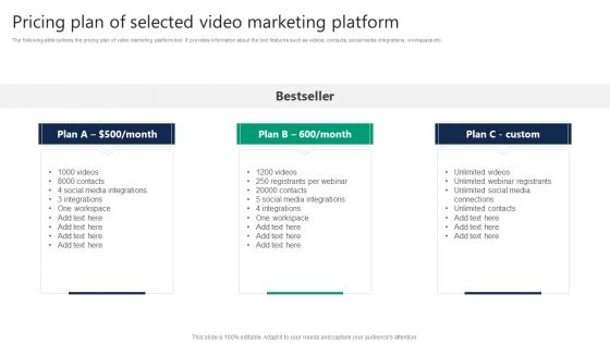 Formulating Video Marketing Strategies To Enhance Sales Pricing Plan Of Selected Video Marketing Platform Brochure PDF Formulating Video Marketing Strategies To Enhance Sales Pricing Plan Of Selected Video Marketing Platform Brochure PDF