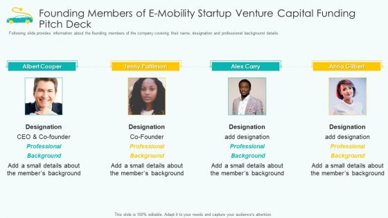 Founding Members Of E Mobility Startup Venture Capital Funding Pitch Deck Summary PDF