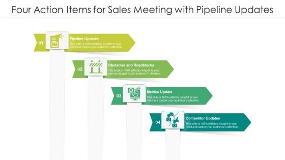 Four Action Items For Sales Meeting With Pipeline Updates Ppt PowerPoint Presentation Gallery Structure PDF Four Action Items For Sales Meeting With Pipeline Updates Ppt PowerPoint Presentation Gallery Structure PDF