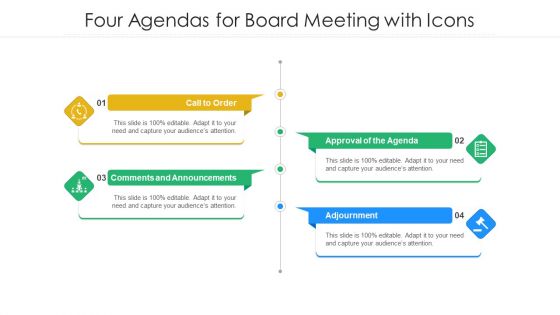Four Agendas For Board Meeting With Icons Ppt PowerPoint Presentation Gallery Pictures PDF