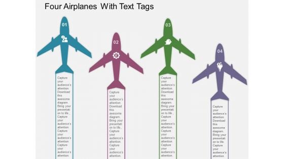 Four Airplanes With Text Tags Powerpoint Templates