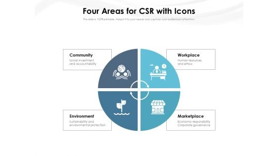 Four Areas For CSR With Icons Ppt PowerPoint Presentation Gallery Professional PDF