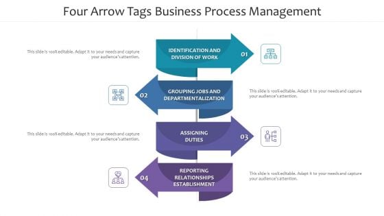 Four Arrow Tags Business Process Management Ppt PowerPoint Presentation Diagram Templates PDF