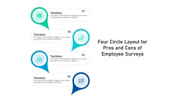 Four Circle Layout For Pros And Cons Of Employee Surveys Ppt PowerPoint Presentation Gallery Graphics Design PDF