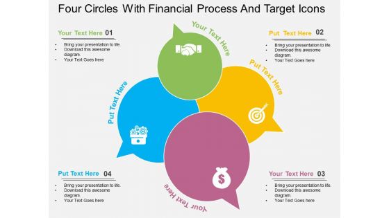 Four Circles With Financial Process And Target Icons Powerpoint Template