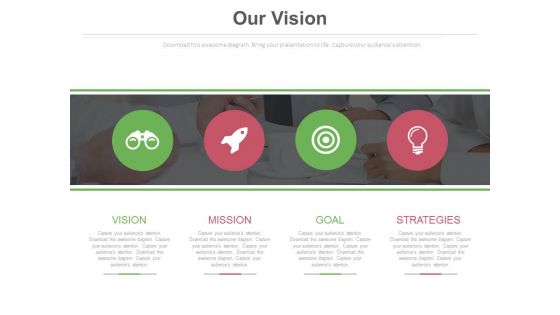 Four Circles With Icons For Business Vision Powerpoint Slides