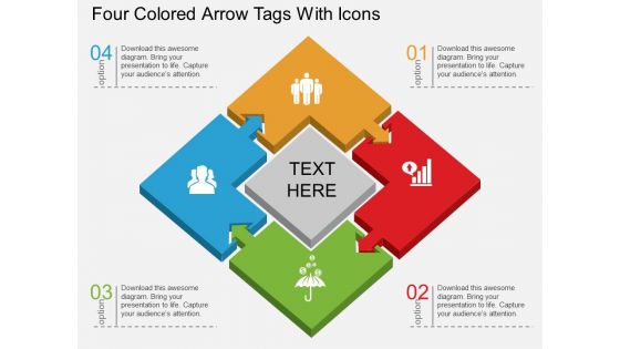 Four Colored Arrow Tags With Icons Powerpoint Template