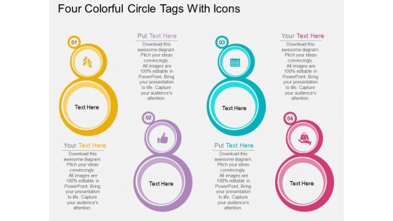 Four Colorful Circle Tags With Icons Powerpoint Template
