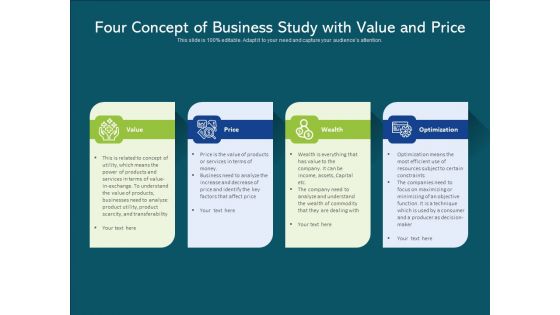 Four Concept Of Business Study With Value And Price Ppt PowerPoint Presentation Gallery Sample PDF