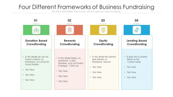 Four Different Frameworks Of Business Fundraising Ppt PowerPoint Presentation File Brochure PDF Four Different Frameworks Of Business Fundraising Ppt PowerPoint Presentation File Brochure PDF