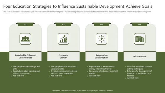 Four Education Strategies To Influence Sustainable Development Achieve Goals Infographics PDF Four Education Strategies To Influence Sustainable Development Achieve Goals Infographics PDF