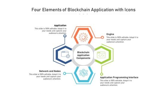 Four Elements Of Blockchain Application With Icons Ppt PowerPoint Presentation File Portfolio PDF