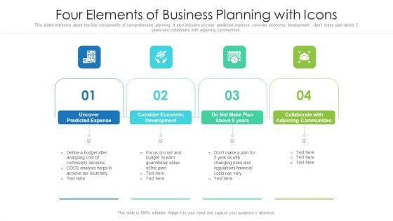 Four Elements Of Business Planning With Icons Ppt PowerPoint Presentation Infographic Template Graphics Pictures PDF