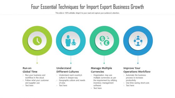 four essential techniques for import export business growth ppt powerpoint presentation ideas design templates pdf