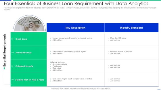 Four Essentials Of Business Loan Requirement With Data Analytics Information PDF