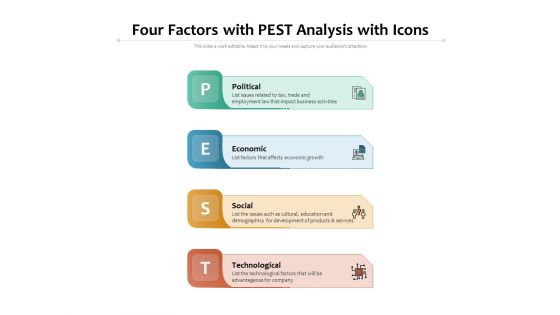 Four Factors With PEST Analysis With Icons Ppt PowerPoint Presentation Infographics Visuals PDF