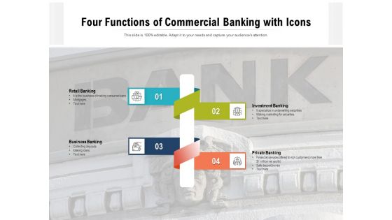 Four Functions Of Commercial Banking With Icons Ppt PowerPoint Presentation Gallery Slide Portrait PDF