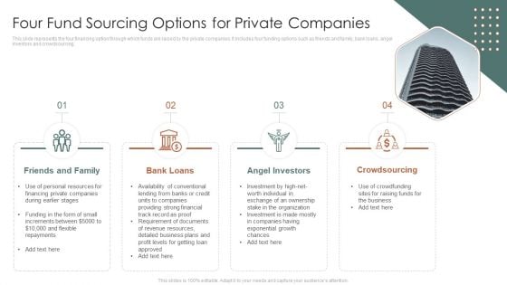 Four Fund Sourcing Options For Private Companies Ppt PowerPoint Presentation Gallery Images PDF