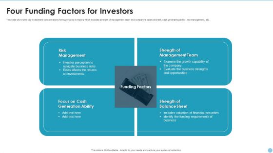 Four Funding Factors For Investors Ppt PowerPoint Presentation File Professional PDF