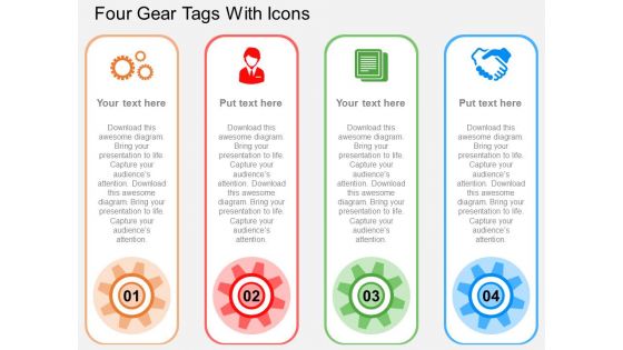 Four Gear Tags With Icons Powerpoint Templates