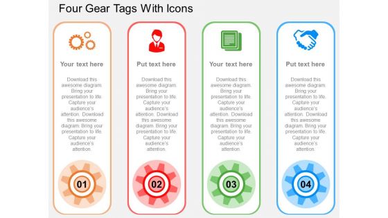 Four Gear Tags With Icons Powerpoint Templates