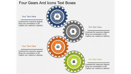 Four Gears And Icons Text Boxes Powerpoint Template