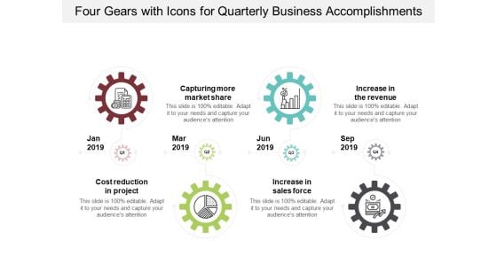 Four Gears With Icons For Quarterly Business Accomplishments Ppt Powerpoint Presentation Show Outfit