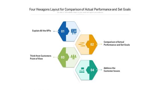 Four Hexagons Layout For Comparison Of Actual Performance And Set Goals Ppt PowerPoint Presentation Gallery Format Ideas PDF