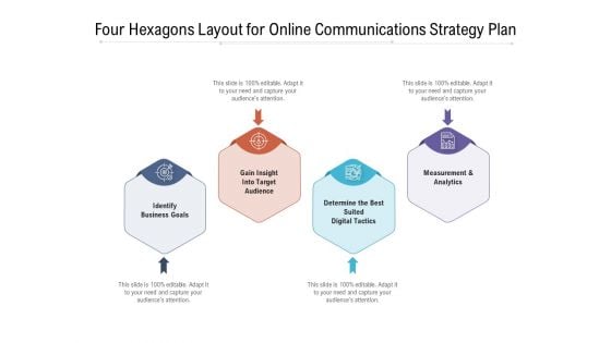 Four Hexagons Layout For Online Communications Strategy Plan Ppt PowerPoint Presentation Gallery Styles PDF