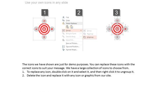 Four Icons Around Target Board Powerpoint Slides