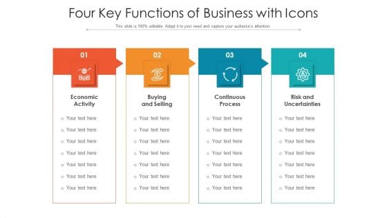 Four Key Functions Of Business With Icons Ppt PowerPoint Presentation File Example Topics PDF