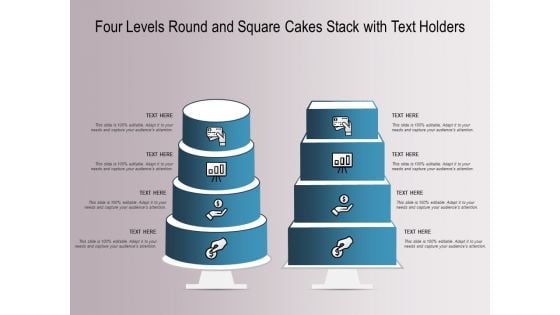 Four Levels Round And Square Cakes Stack With Text Holders Ppt PowerPoint Presentation Professional Visuals PDF