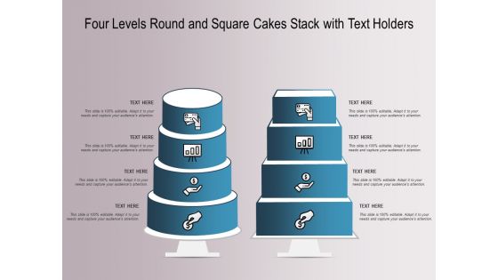 Four Levels Round And Square Cakes Stack With Text Holders Ppt PowerPoint Presentation Professional Visuals PDF