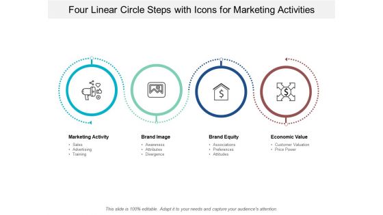 Four Linear Circle Steps With Icons For Marketing Activities Ppt PowerPoint Presentation Icon Skills