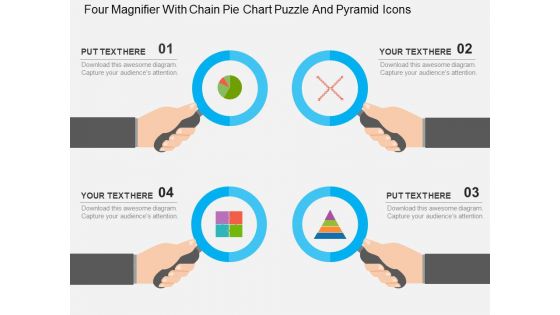 Four Magnifier With Chain Pie Chart Puzzle And Pyramid Icons Powerpoint Templates