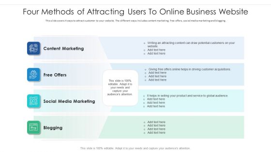 Four Methods Of Attracting Users To Online Business Website Ppt PowerPoint Presentation Icon Background PDF