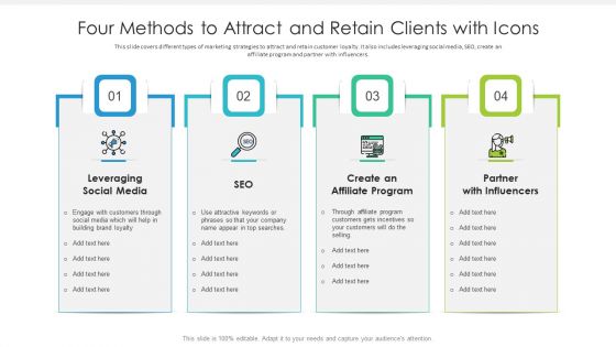 Four Methods To Attract And Retain Clients With Icons Ppt PowerPoint Presentation Model Vector PDF