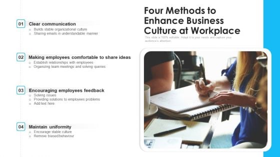 Four Methods To Enhance Business Culture At Workplace Ppt PowerPoint Presentation Gallery Infographics PDF Four Methods To Enhance Business Culture At Workplace Ppt PowerPoint Presentation Gallery Infographics PDF