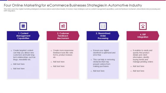 Four Online Marketing For Ecommerce Businesses Strategies In Automotive Industry Slides PDF Four Online Marketing For Ecommerce Businesses Strategies In Automotive Industry Slides PDF