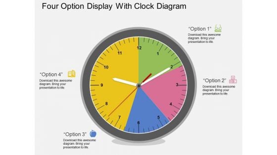 Four Option Display With Clock Diagram Powerpoint Template