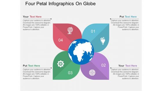 Four Petal Infographics On Globe Powerpoint Template