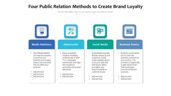 Four Public Relation Methods To Create Brand Loyalty Ppt PowerPoint Presentation Pictures Slideshow PDF