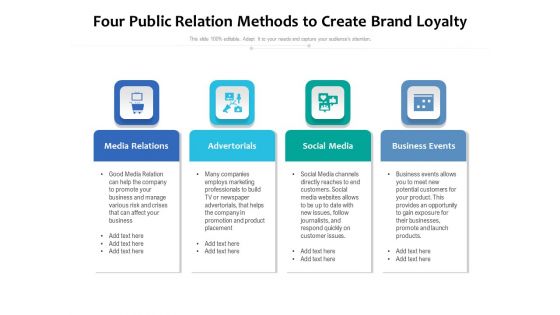 Four Public Relation Methods To Create Brand Loyalty Ppt PowerPoint Presentation Pictures Slideshow PDF Four Public Relation Methods To Create Brand Loyalty Ppt PowerPoint Presentation Pictures Slideshow PDF