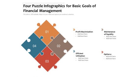 Four Puzzle Infographics For Basic Goals Of Financial Management Ppt PowerPoint Presentation Layouts Backgrounds PDF