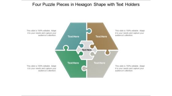 Four Puzzle Pieces In Hexagon Shape With Text Holders Ppt Powerpoint Presentation Professional Visual Aids