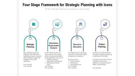 Four Stage Framework For Strategic Planning With Icons Ppt PowerPoint Presentation Gallery Brochure PDF